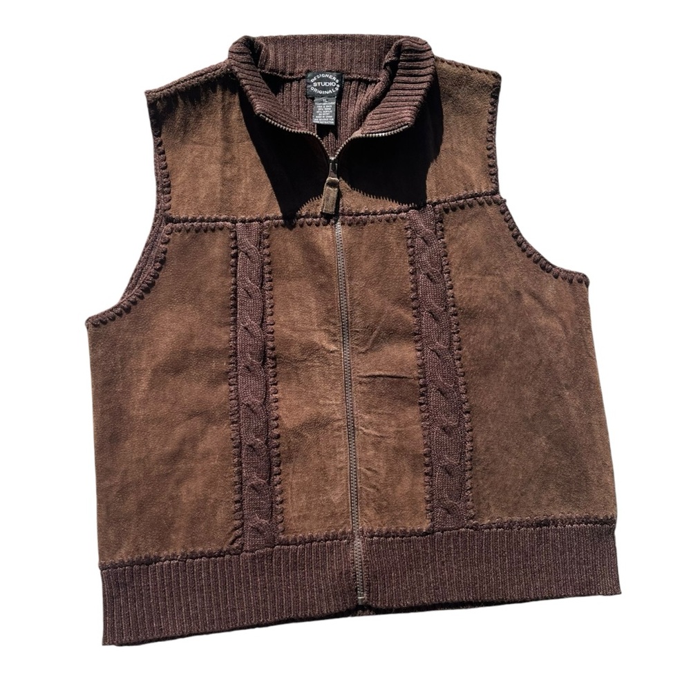 Designers Studio Originals XL Brown Suede Patchwork Sweater Knit Sleeveless Vest